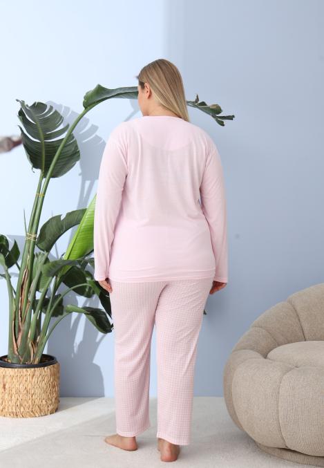 Pijama Dama ,Big Size ,'WINTER VIBES" cu Pantloni si Maneca lunga, Culoare Roz Deschis,Engros